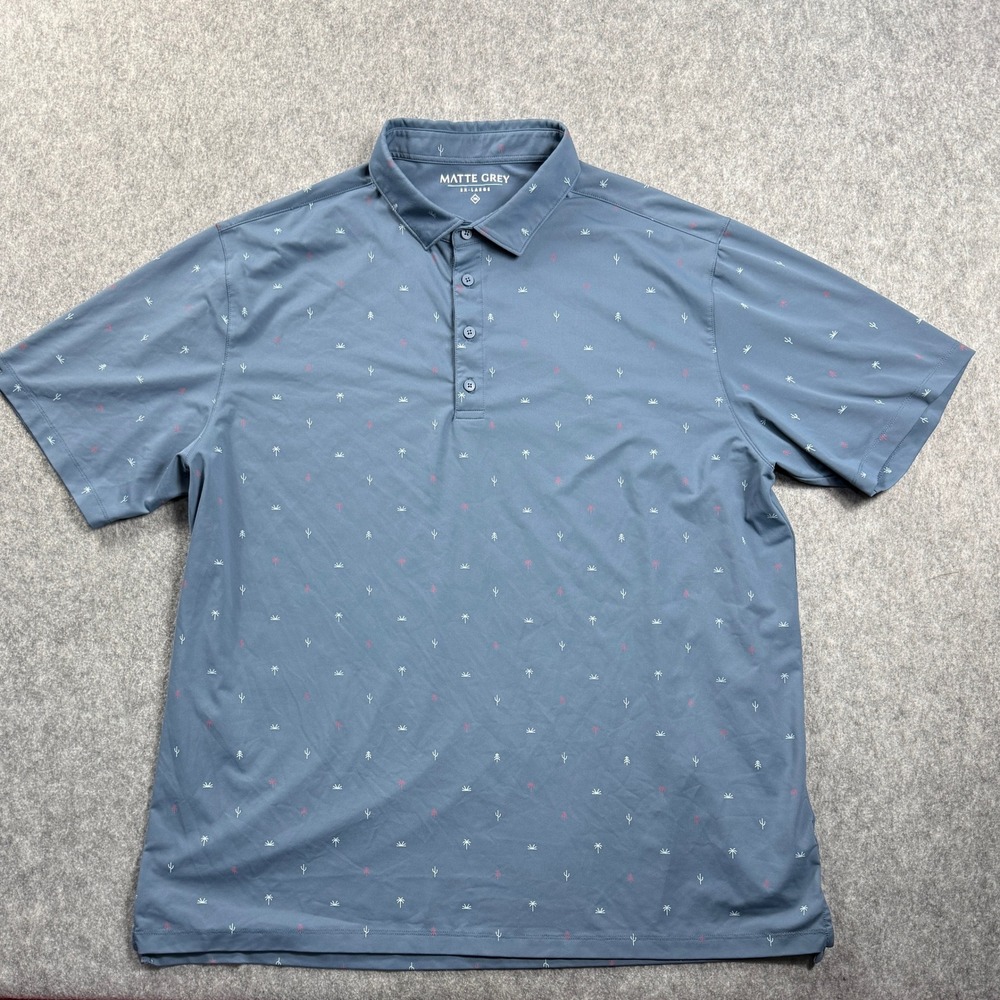 Matte Grey Mens Polo Shirt 2XL Blue Grey Palm Tree Cactus Micro Print Golf Top
